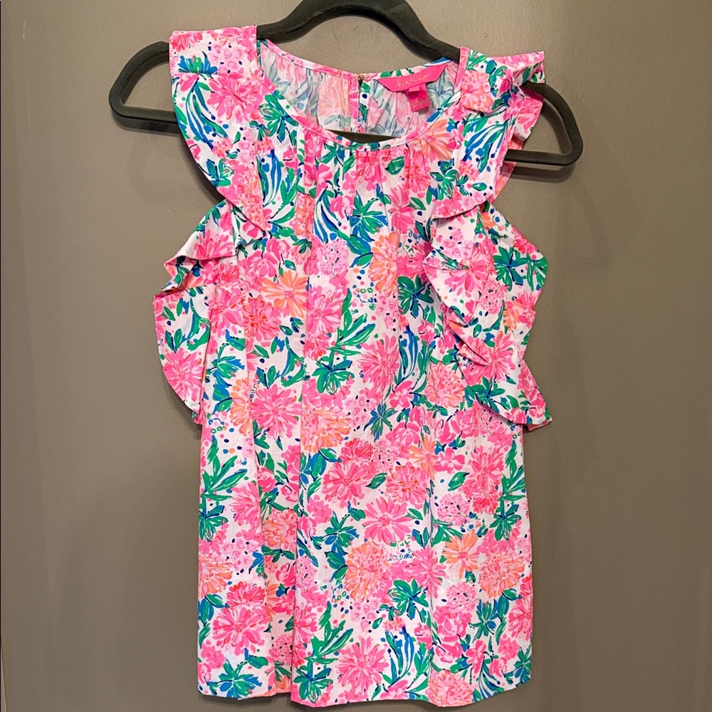 Lilly Pulitzer- Floral Ruffle Sleeveless Top - Pink Floral- Size Small